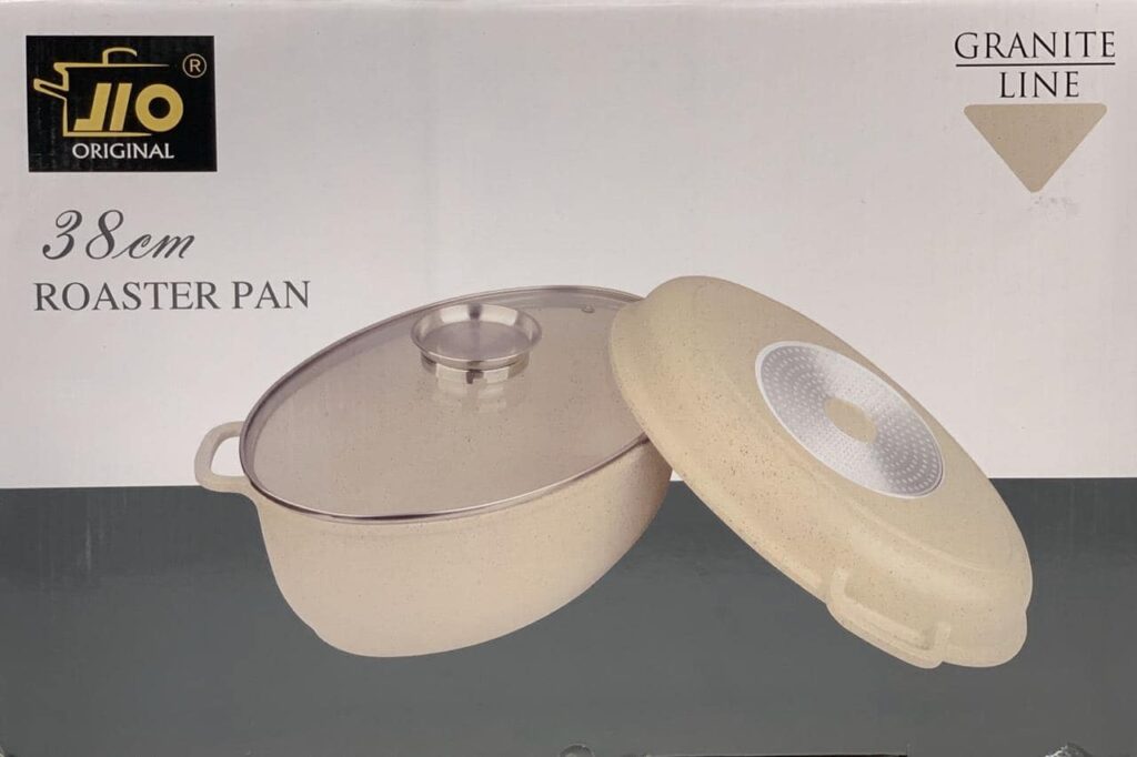 Tave Tenxhere Graniti PREMIUM 38x13cm/8L Induksion ILO® prej alumini të derdhur,me 3 shtresa graniti jongjitese, me humidator dhe dy kapakë!