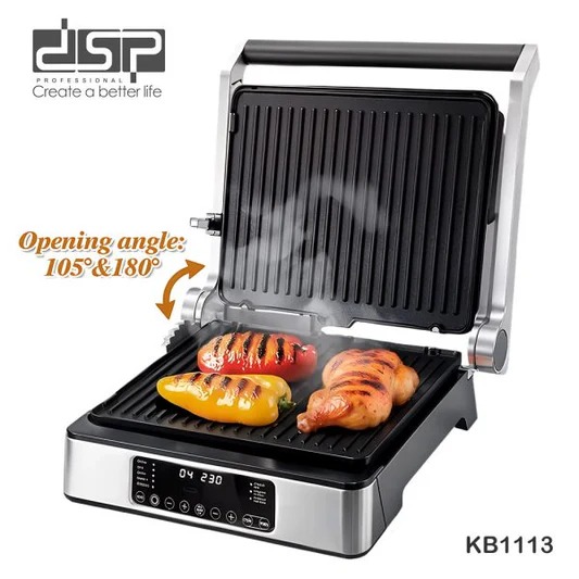 Grill Elektrik DSP KB1113 1800W me panel prekjeje, inox dhe hapje 180°