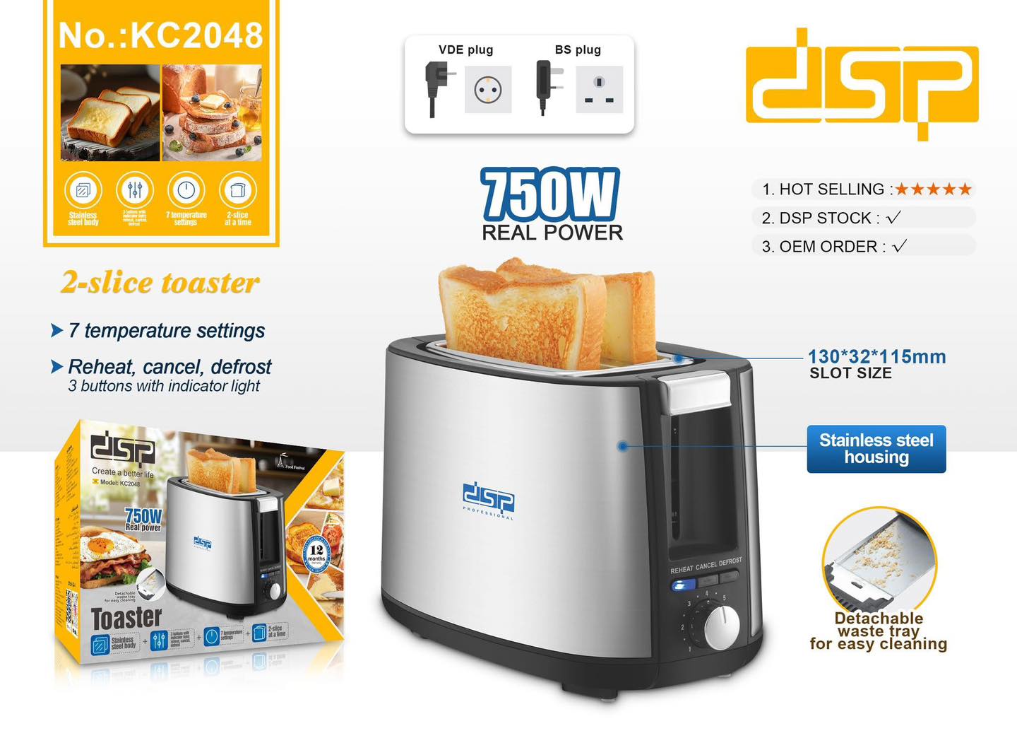 KC2048 1 Thekëse Buke DSP KC2048 750W inox me 7 nivele ngrohjeje dhe 3 funksione praktike